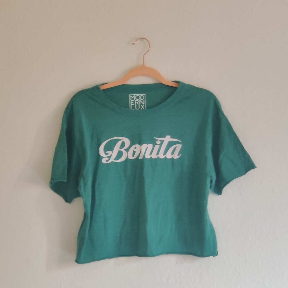 Short Sleeved Green Crop Top with "Bonita" on Front from MODERNLUX